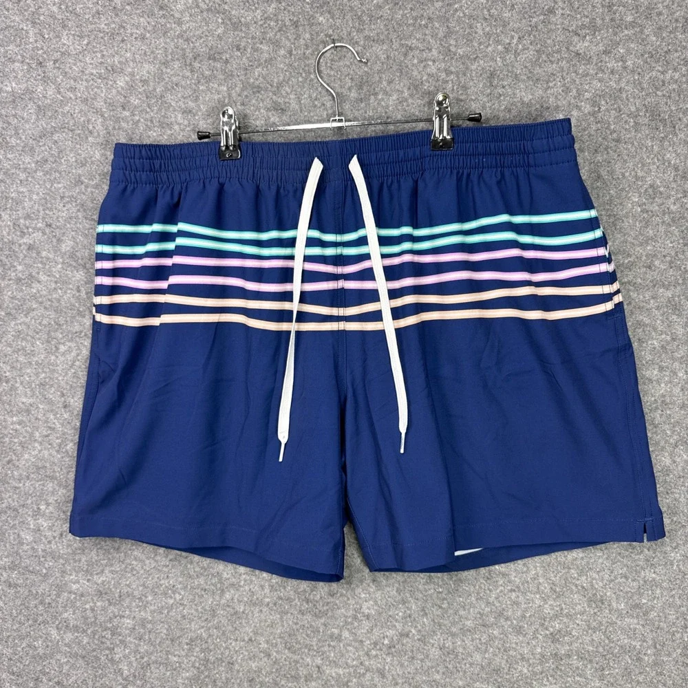 Chubbies Swim Trunks XXL Navy Blue Multi Color Stripe 5.5 Inseam Stretch Retro